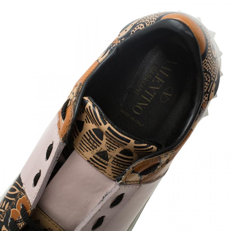 Pre Owned Valentino Orange Printed Leather Open Sneakers Size 38