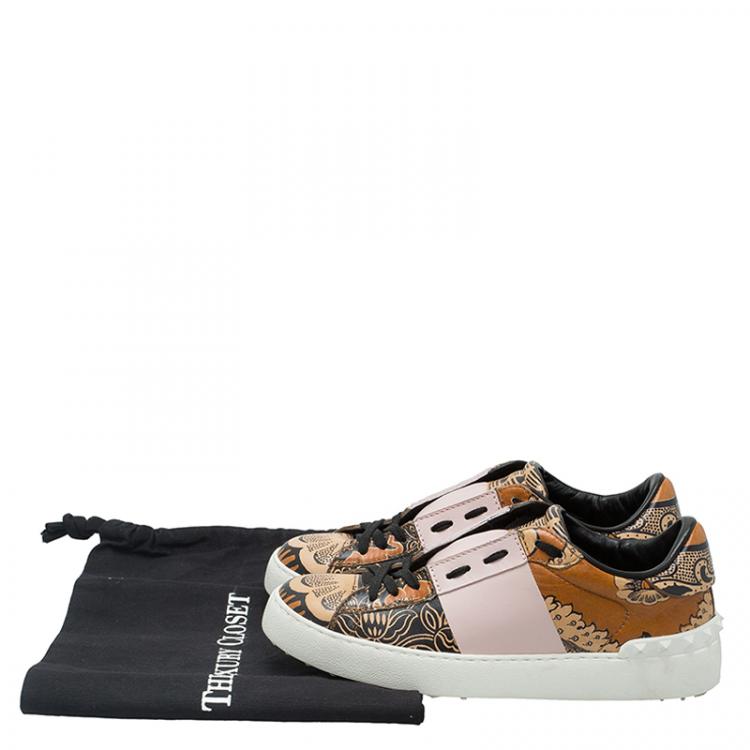 Pre Owned Valentino Orange Printed Leather Open Sneakers Size 38