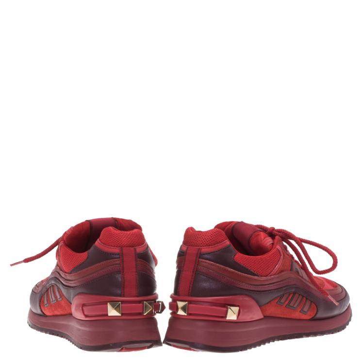 مملوكة مسبقًا Valentino Red Mesh And Leather Rouge Absolute Rockstud Sneakers Size 37