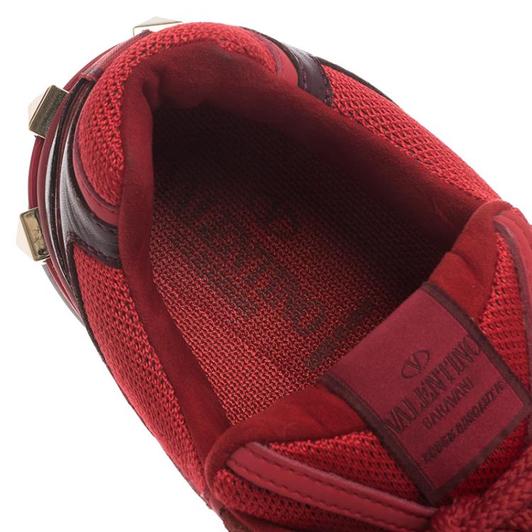 مملوكة مسبقًا Valentino Red Mesh And Leather Rouge Absolute Rockstud Sneakers Size 37