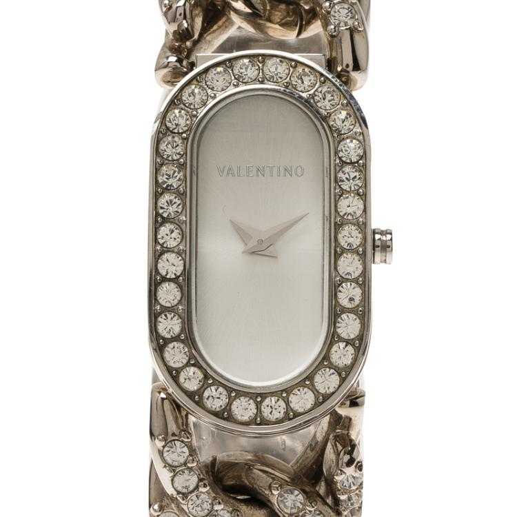 Pre Owned Valentino Silver Stainless Steel Crystals Curb Chain Women's Wristwatch 18MM