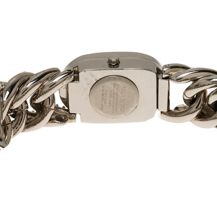 Pre Owned Valentino Silver Stainless Steel Crystals Curb Chain Women's Wristwatch 18MM