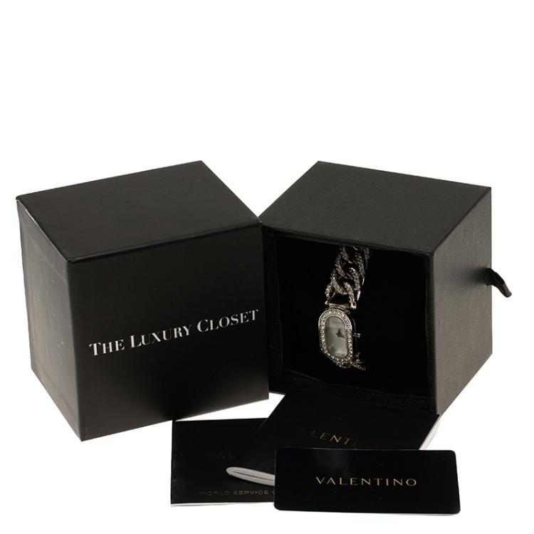 Pre Owned Valentino Silver Stainless Steel Crystals Curb Chain Women's Wristwatch 18MM