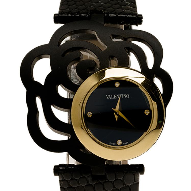 Pre Owned Valentino Black Gold-Plated Stainless Steel Rosier Baselworld Women's Wristwatch 25MM