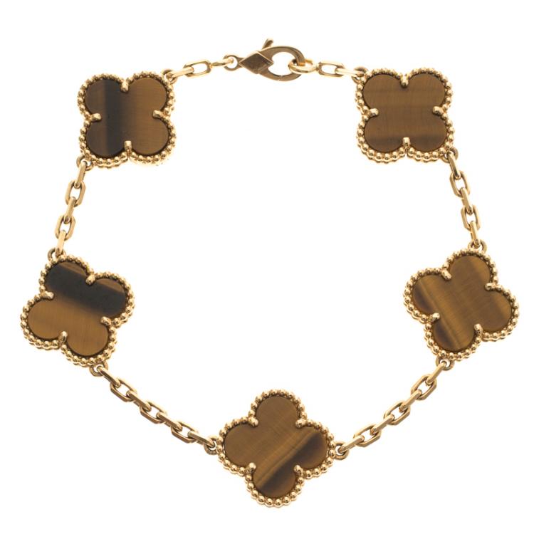 Pre Owned Van Cleef & Arpels Vintage Alhambra 5-Motifs Tiger's Eye 18k Yellow Gold Bracelet 16cm