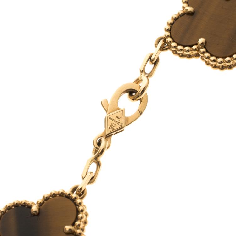 Pre Owned Van Cleef & Arpels Vintage Alhambra 5-Motifs Tiger's Eye 18k Yellow Gold Bracelet 16cm