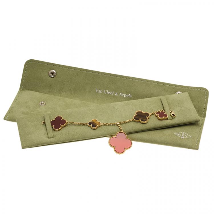 Pre Owned Van Cleef & Arpels Magic Alhambra Tiger Eye and Red Carnelian Yellow Gold Bracelet