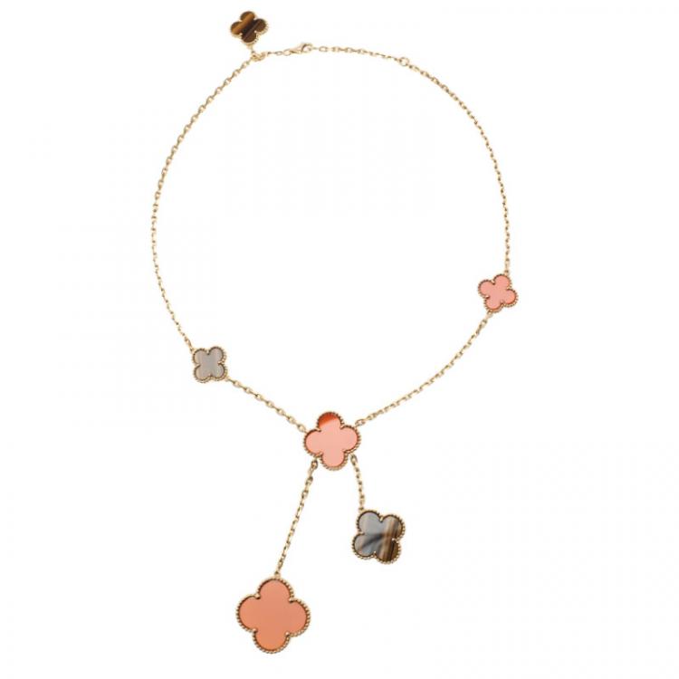 Pre Owned Van Cleef & Arpels Magic Alhambra Tiger Eye Red Carnelian Yellow Gold Necklace