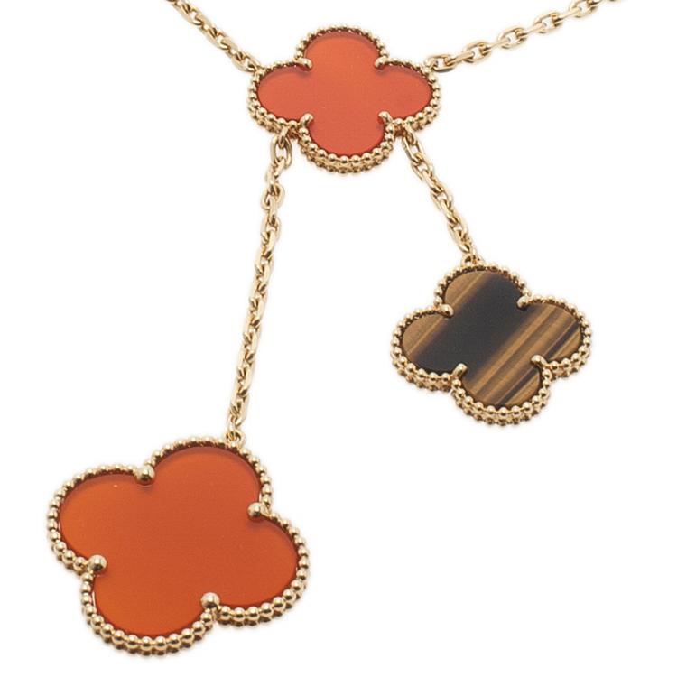 Pre Owned Van Cleef & Arpels Magic Alhambra Tiger Eye Red Carnelian Yellow Gold Necklace