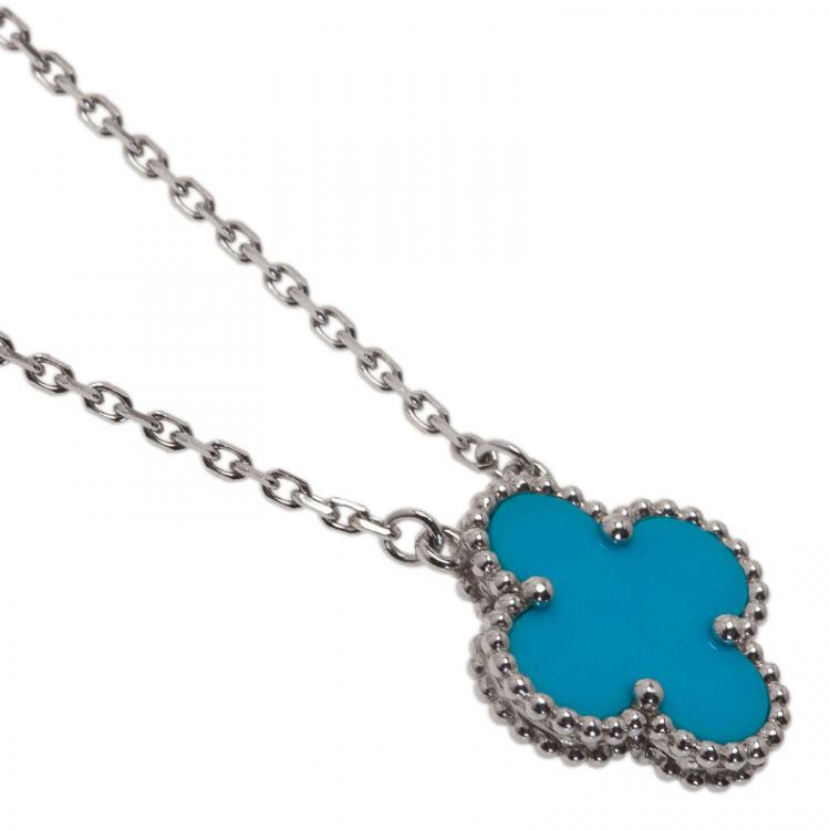 Pre Owned Van Cleef & Arpels Vintage Alhambra Turquoise White Gold Pendant Necklace