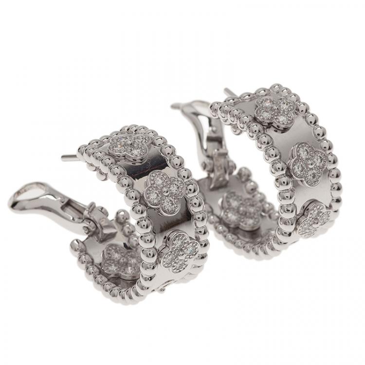 Pre Owned Van Cleef & Arpels Perlée Clover Diamonds White Gold Hoop Earrings