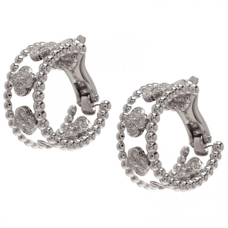 Pre Owned Van Cleef & Arpels Perlée Clover Diamonds White Gold Hoop Earrings