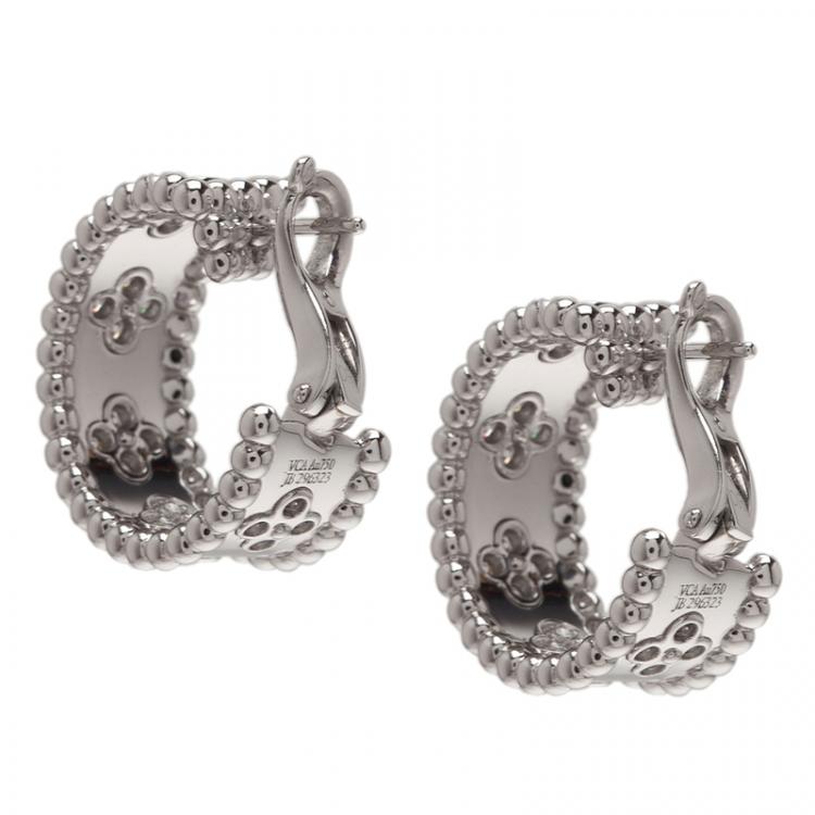 Pre Owned Van Cleef & Arpels Perlée Clover Diamonds White Gold Hoop Earrings