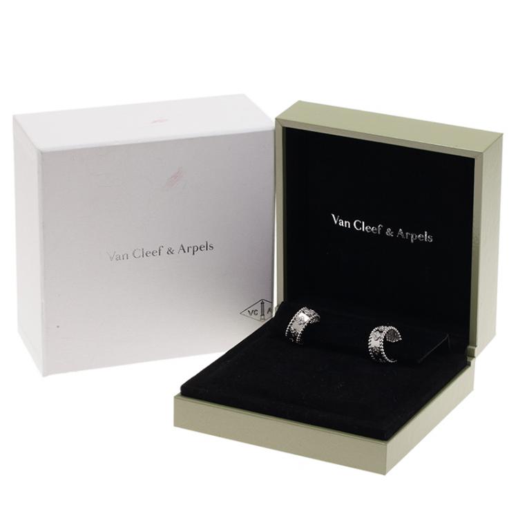 Pre Owned Van Cleef & Arpels Perlée Clover Diamonds White Gold Hoop Earrings