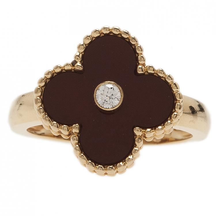 Pre Owned Van Cleef & Arpels Vintage Alhambra Red Carnelian Yellow Gold Ring Size 52