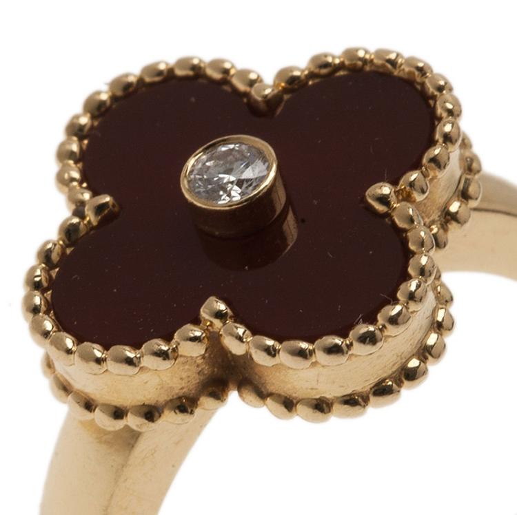 Pre Owned Van Cleef & Arpels Vintage Alhambra Red Carnelian Yellow Gold Ring Size 52