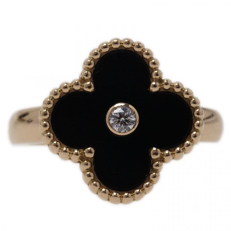 Pre Owned Van Cleef and Arpels Vintage Alhambra Onyx  Yellow Gold Ring Size 51