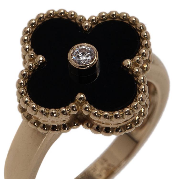 Pre Owned Van Cleef and Arpels Vintage Alhambra Onyx  Yellow Gold Ring Size 51