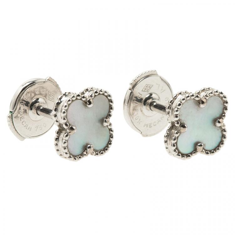 Pre Owned Van Cleef & Arpels Sweet Alhambra Mother of Pearl White Gold Earrings