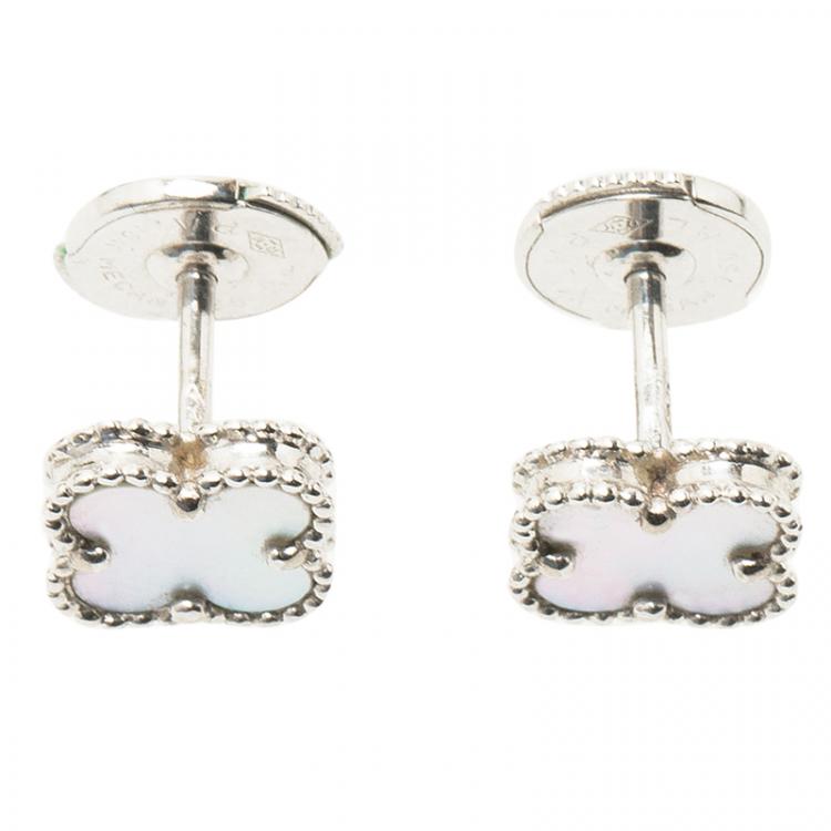Pre Owned Van Cleef & Arpels Sweet Alhambra Mother of Pearl White Gold Earrings