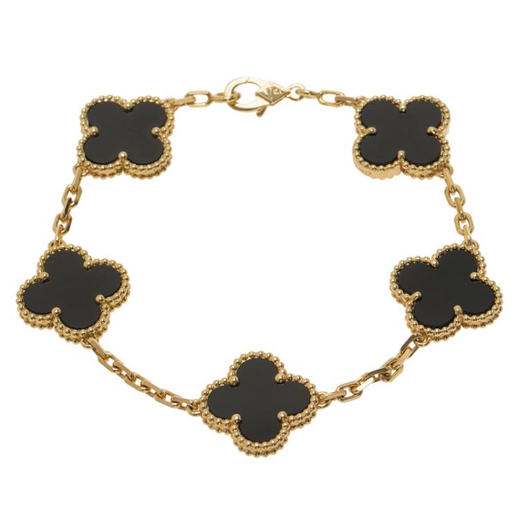 Pre Owned Van Cleef & Arpels Vintage Alhambra Onyx Yellow Gold Bracelet 