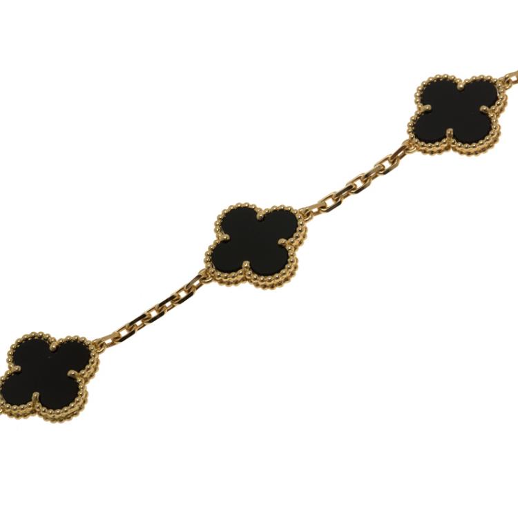Pre Owned Van Cleef & Arpels Vintage Alhambra Onyx Yellow Gold Bracelet 