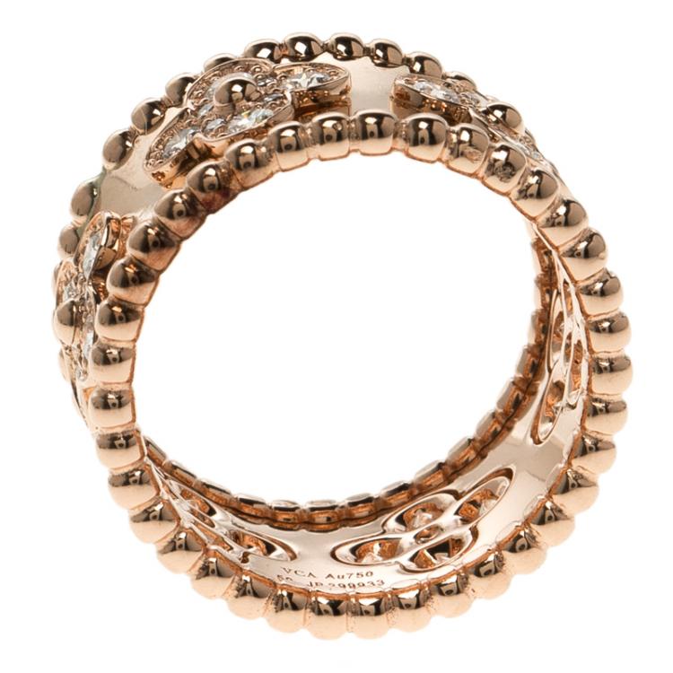 Pre Owned Van Cleef & Arpels Perlée Clover Diamond & 18k Rose Gold Ring Size 50