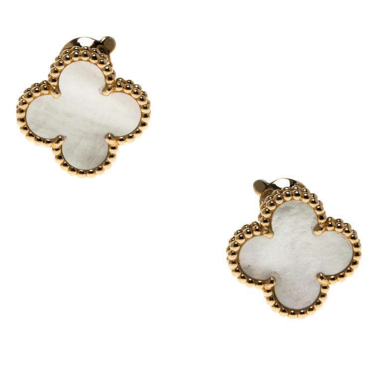 Pre Owned Van Cleef & Arpels Vintage Alhambra Mother of Pearl 18k Yellow Gold Clip-on Stud Earrings