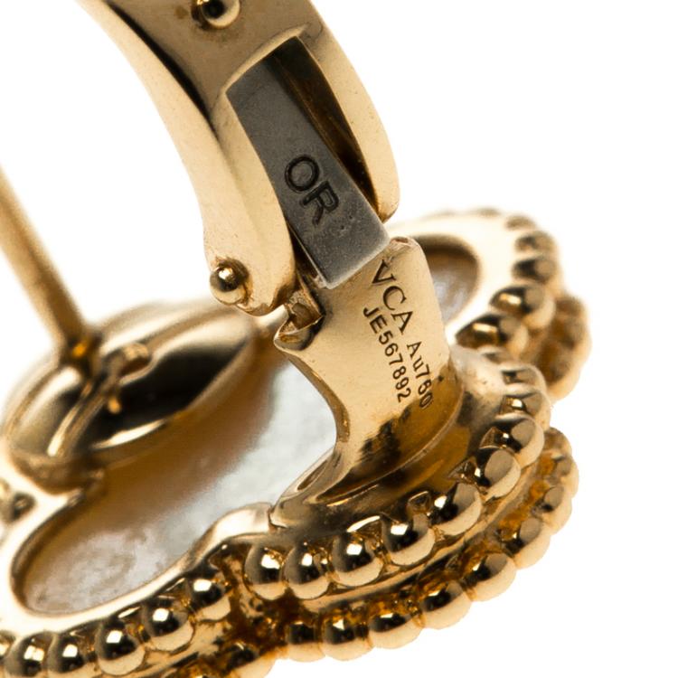 Pre Owned Van Cleef & Arpels Vintage Alhambra Mother of Pearl 18k Yellow Gold Clip-on Stud Earrings