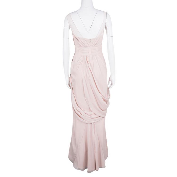 Pre Owned White by Vera Wang Pale Pink Crinkled Chiffon Draped Maxi Dress XS