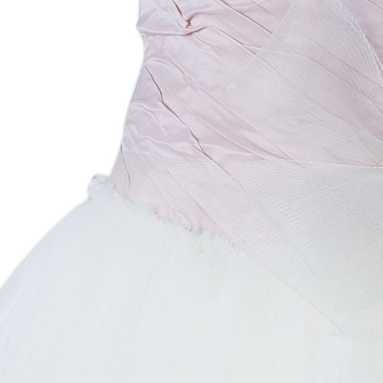 Pre Owned White by Vera Wang Pink White Pleated Bustier Draped Tulle Wedding Gown S