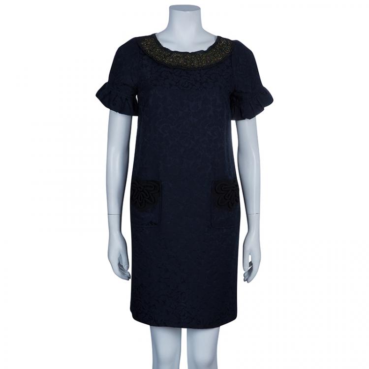 Pre Owned Vera Wang Grey Embellished Neck Dress M