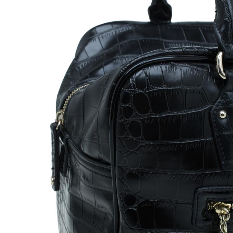 Pre Owned Versace Jeans Black Croc Embossed Leather Bowling Bag
