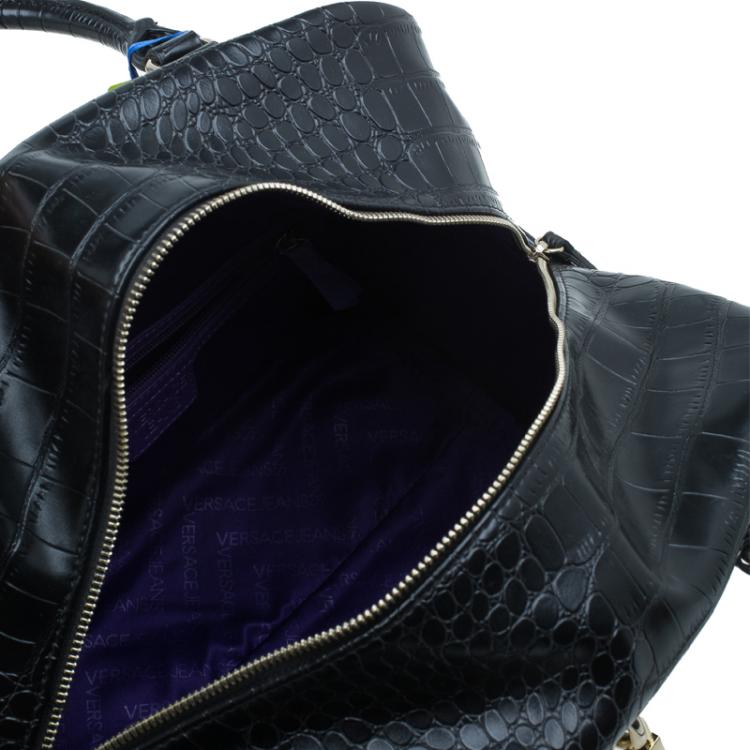 Pre Owned Versace Jeans Black Croc Embossed Leather Bowling Bag