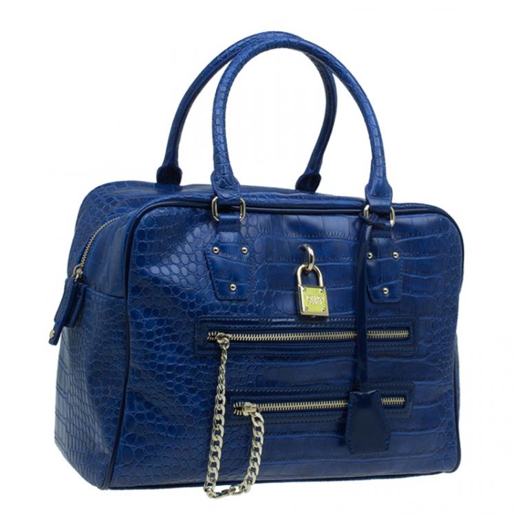 Pre Owned Versace Jeans Blue Croc Embossed Leather Bowling Bag