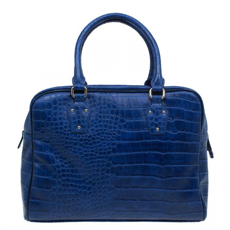 Pre Owned Versace Jeans Blue Croc Embossed Leather Bowling Bag