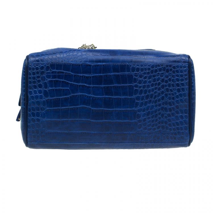 Pre Owned Versace Jeans Blue Croc Embossed Leather Bowling Bag