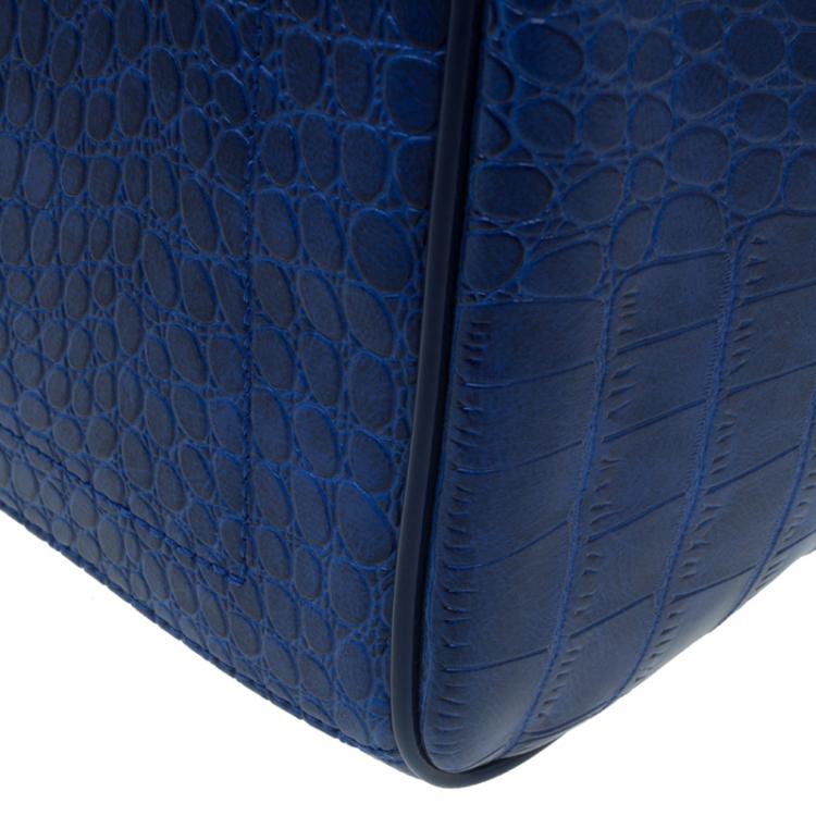 Pre Owned Versace Jeans Blue Croc Embossed Leather Bowling Bag