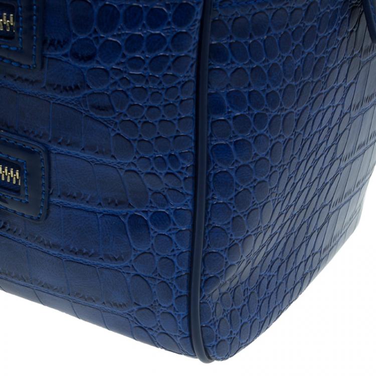 Pre Owned Versace Jeans Blue Croc Embossed Leather Bowling Bag