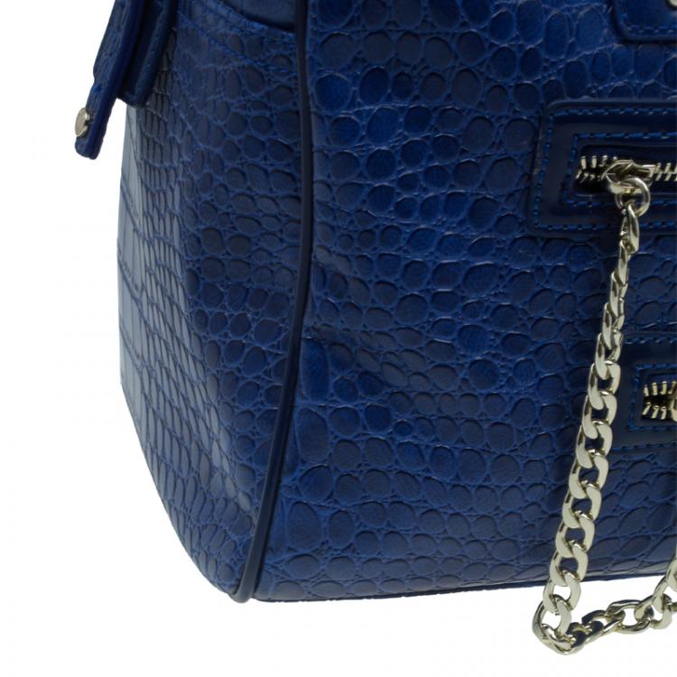 Pre Owned Versace Jeans Blue Croc Embossed Leather Bowling Bag
