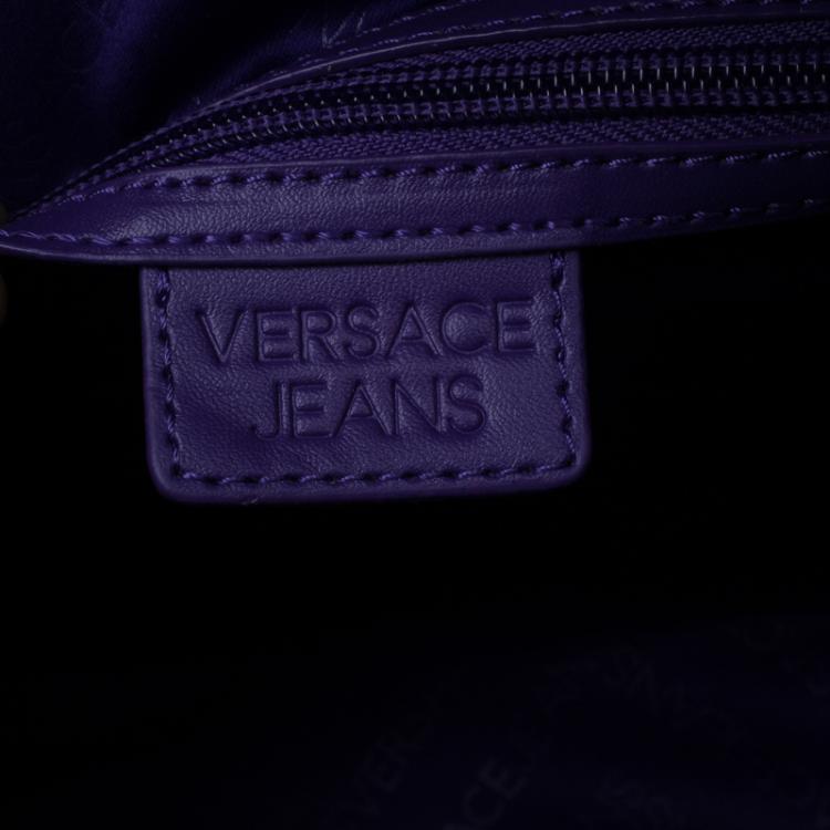 Pre Owned Versace Jeans Blue Croc Embossed Leather Bowling Bag