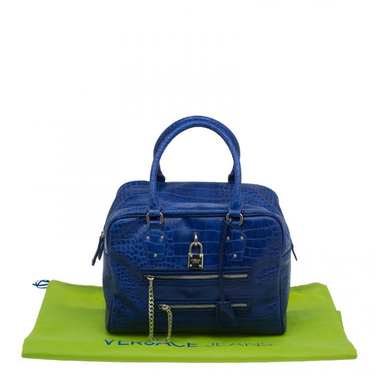 Pre Owned Versace Jeans Blue Croc Embossed Leather Bowling Bag