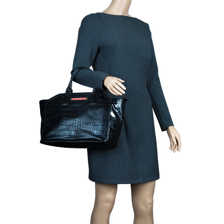 Pre Owned Versace Jeans Black Croc Embossed Leather Tote