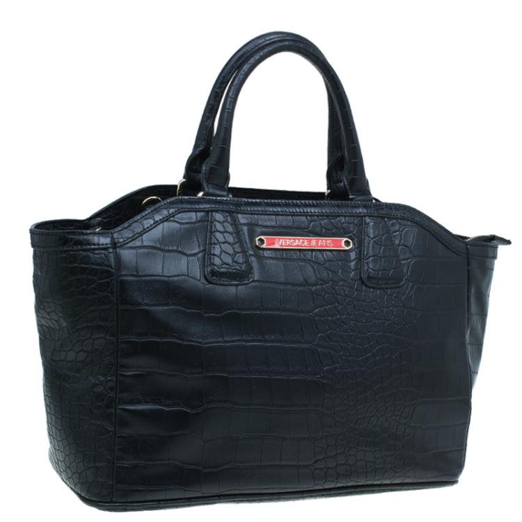 Pre Owned Versace Jeans Black Croc Embossed Leather Tote