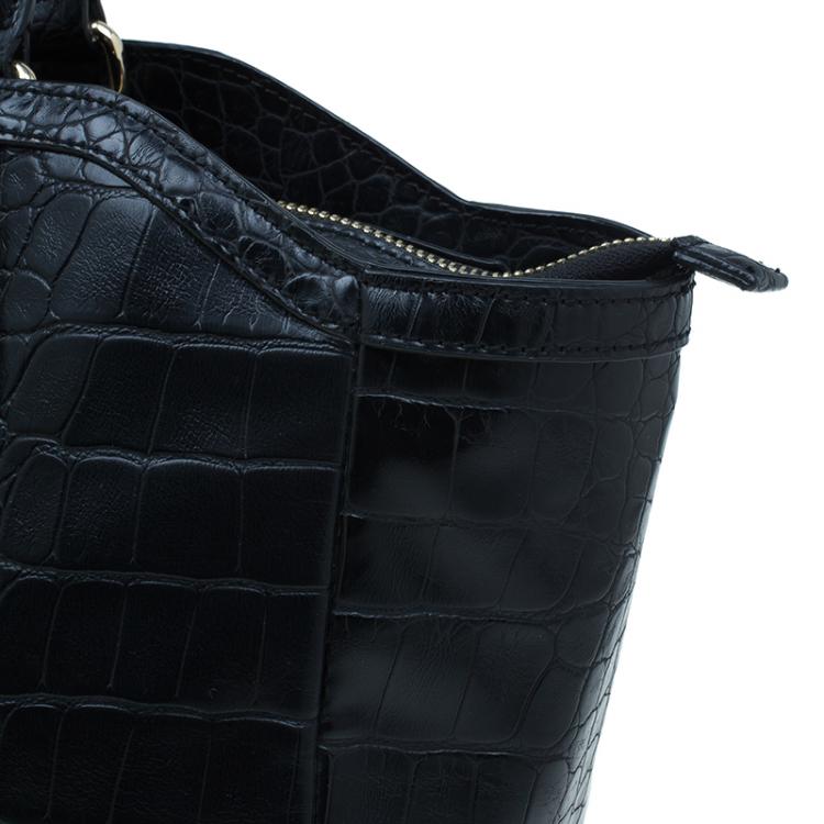 Pre Owned Versace Jeans Black Croc Embossed Leather Tote