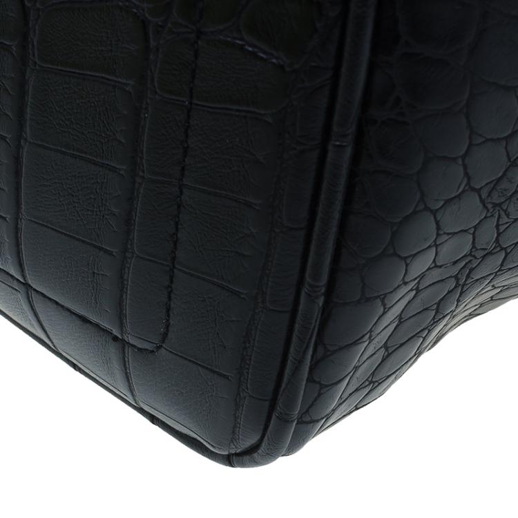 Pre Owned Versace Jeans Black Croc Embossed Leather Tote