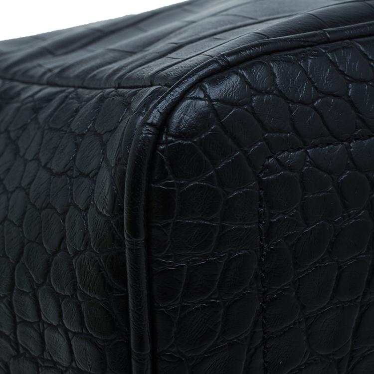Pre Owned Versace Jeans Black Croc Embossed Leather Tote