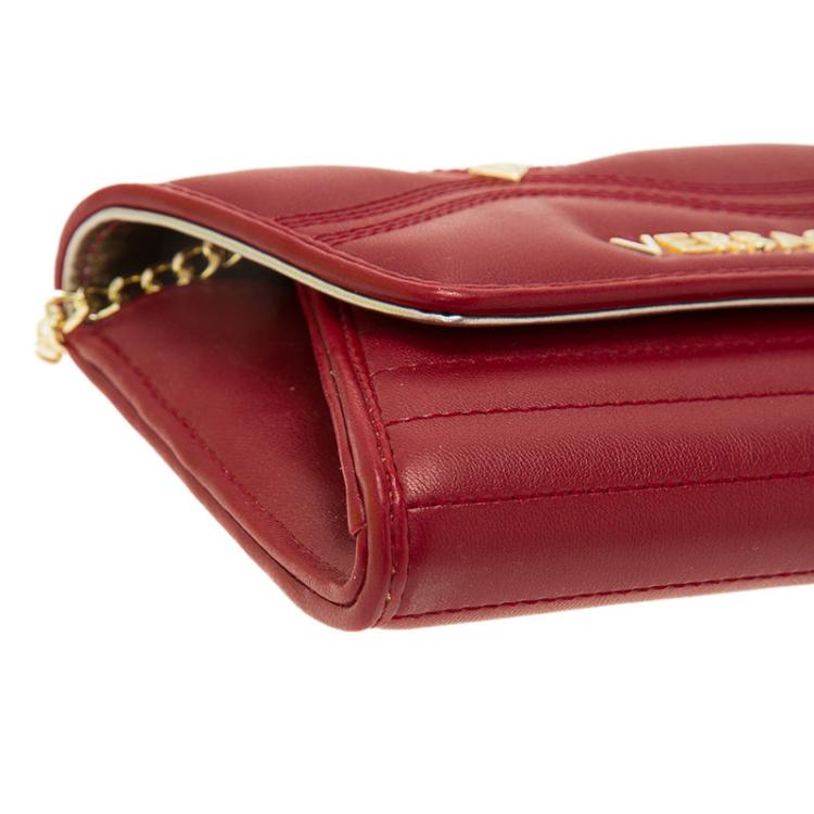Pre Owned Versace Jeans Red Leather Diamond Stud Fold Over Wallet on Chain Bag