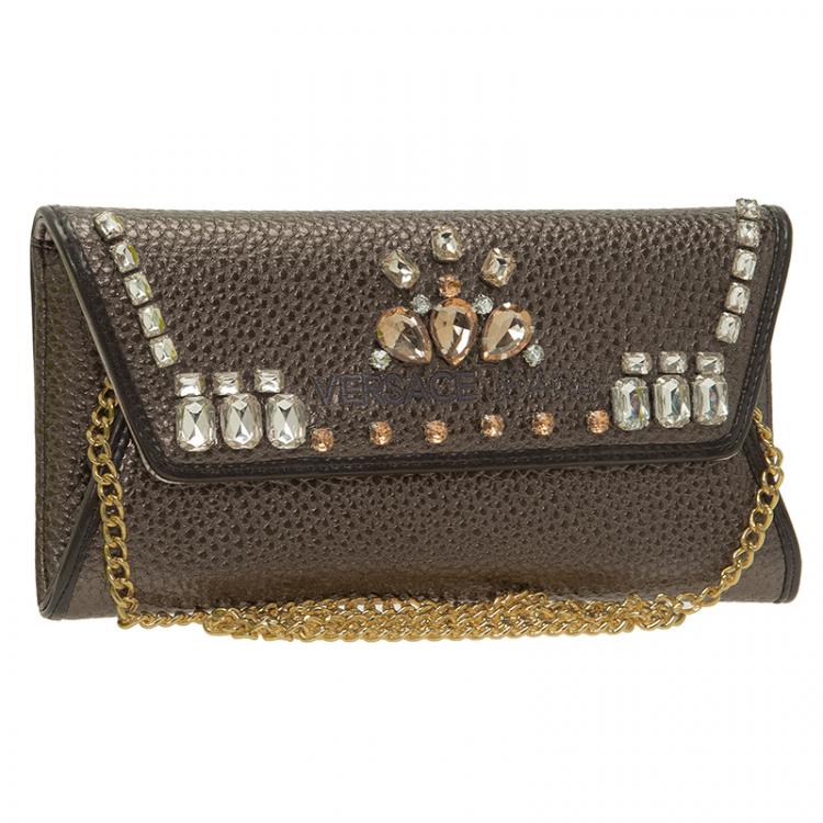 Pre Owned Versace Jeans Metallic Gray Pebbled Leather Embellish Crystal Wallet on Chain Bag