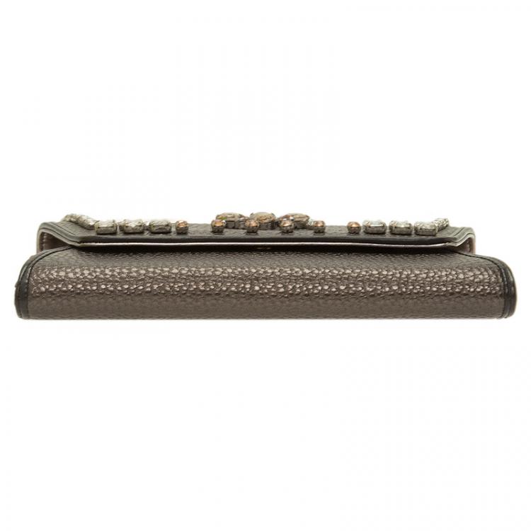 Pre Owned Versace Jeans Metallic Gray Pebbled Leather Embellish Crystal Wallet on Chain Bag